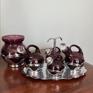 Vintage amethyst glass / silver condiment set.